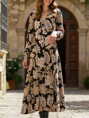 Deep V-neck long-sleeved dress with waist Light Weight Chic Waistband Design
