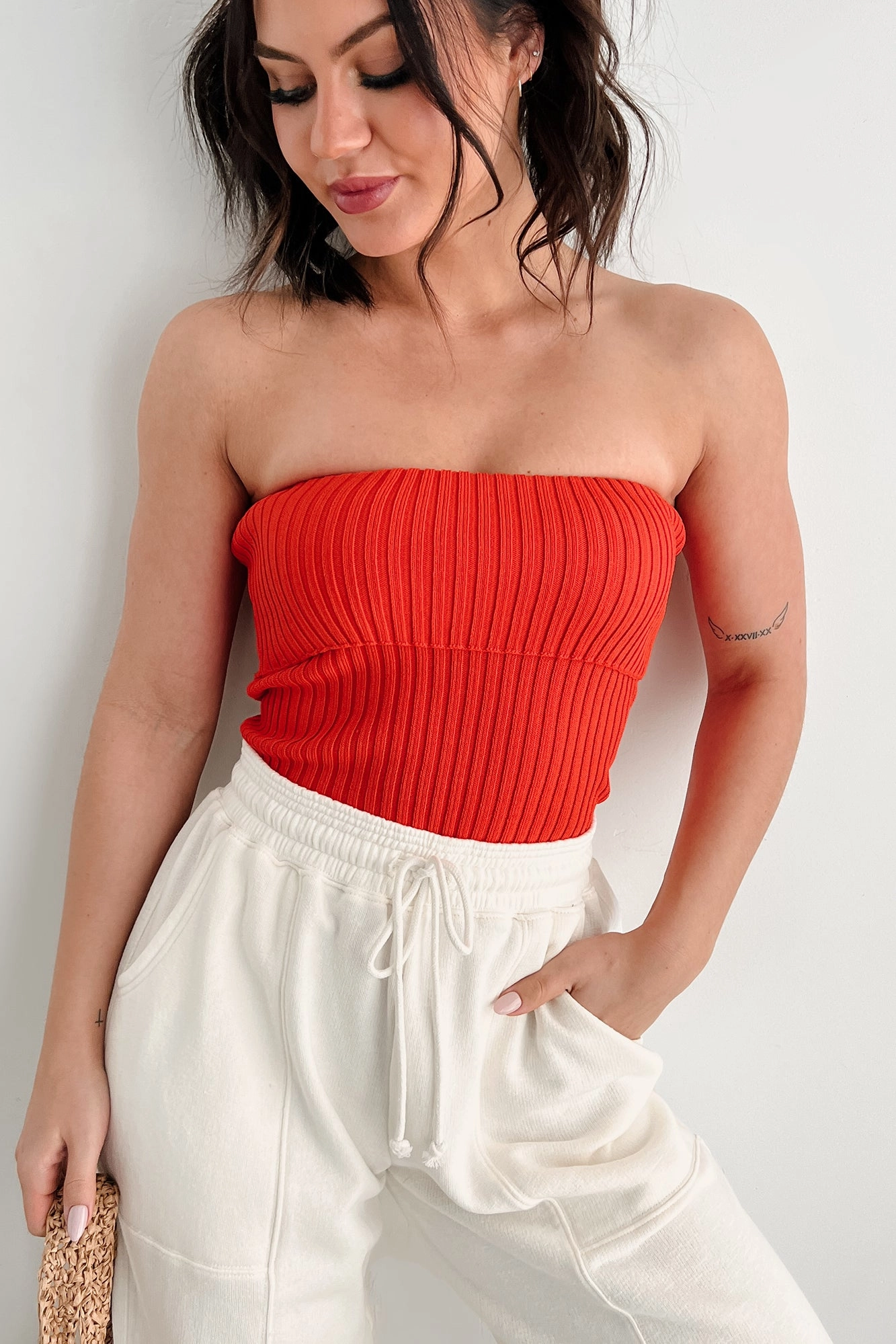 Cozy Corner Ribbed Strapless Fold Over Top (Tomato) HighNeckCut Versatile Design