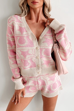 Lightweight Thermal AntiStaticLining Cozy Cowgirl Western Knit Cardigan Top (Cream/Pink)