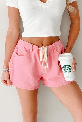 Cotton Blend Lowkey Lovely Drawstring Denim Shorts (Pink)