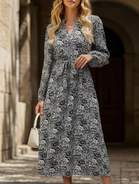 Youthful Look Printed elegant V-neck long-sleeved dress