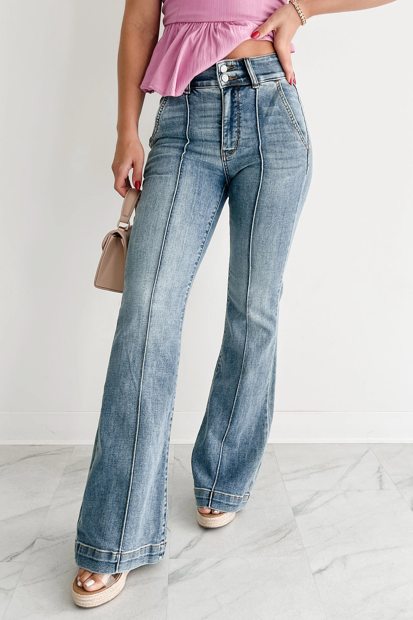 snag resistant Snug Waist Mae High Rise Judy Blue Flare Jeans (Medium)