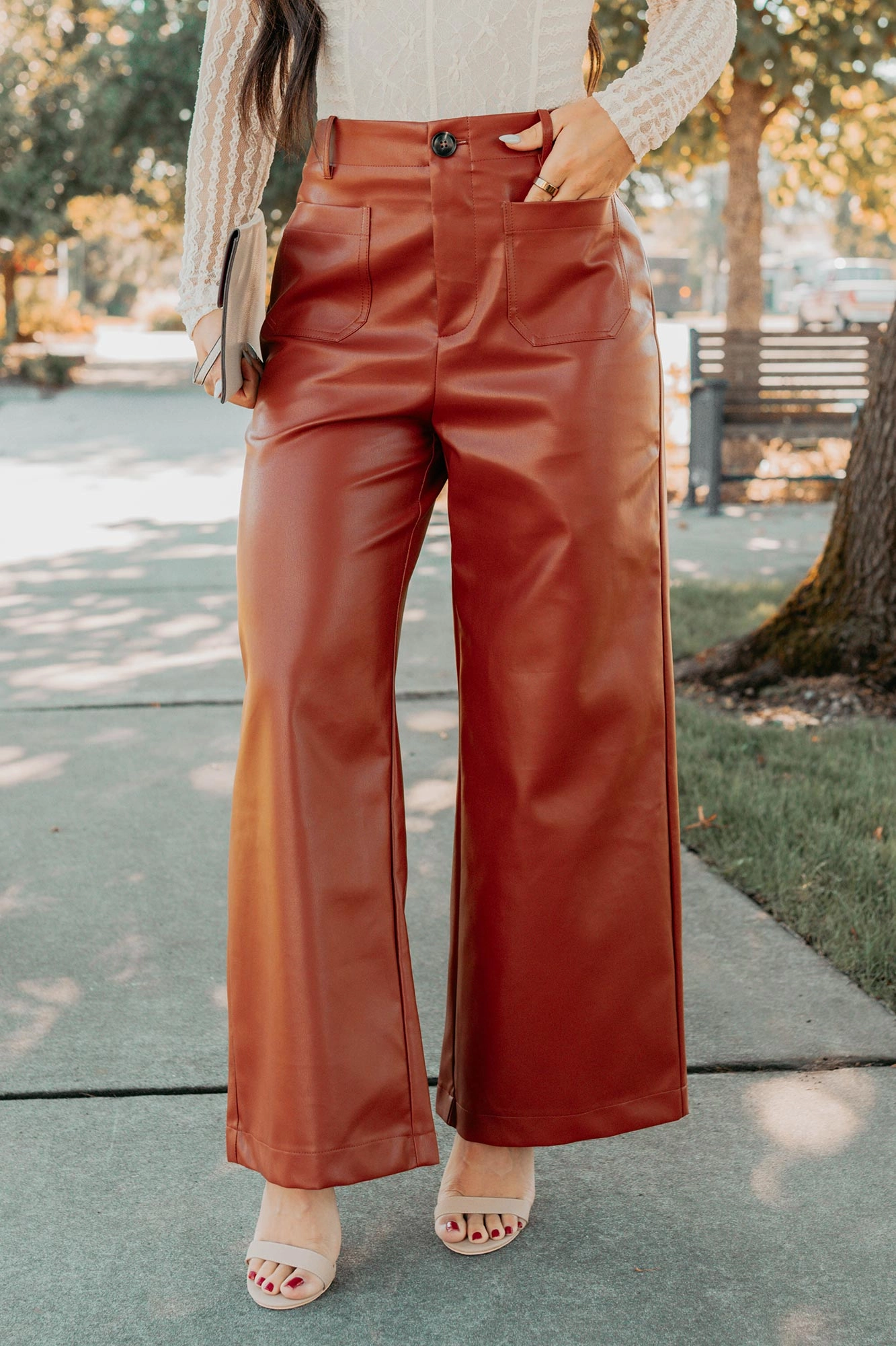 More Than Usual Wide-Leg Faux Leather Pant (Camel) Quick Access Zippers