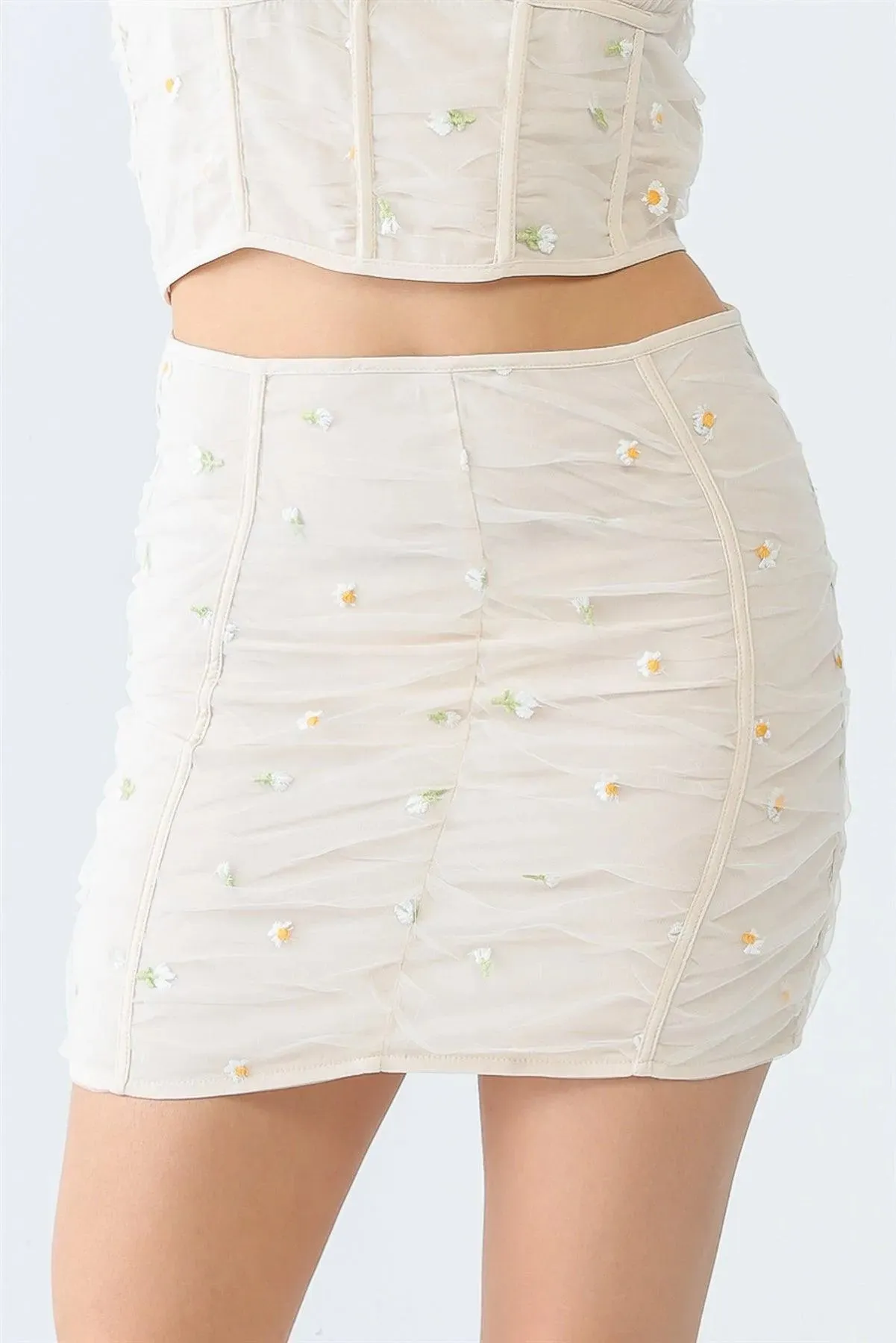 Cream Chamomile Embroidery Mesh Corset Sleeveless Crop Top & High Waist Mini Skirt Set /3-2-1