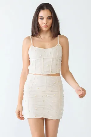 Cream Chamomile Embroidery Mesh Corset Sleeveless Crop Top & High Waist Mini Skirt Set /3-2-1