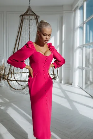 Crimson Sweetheart Puff-Sleeve Midi Dress