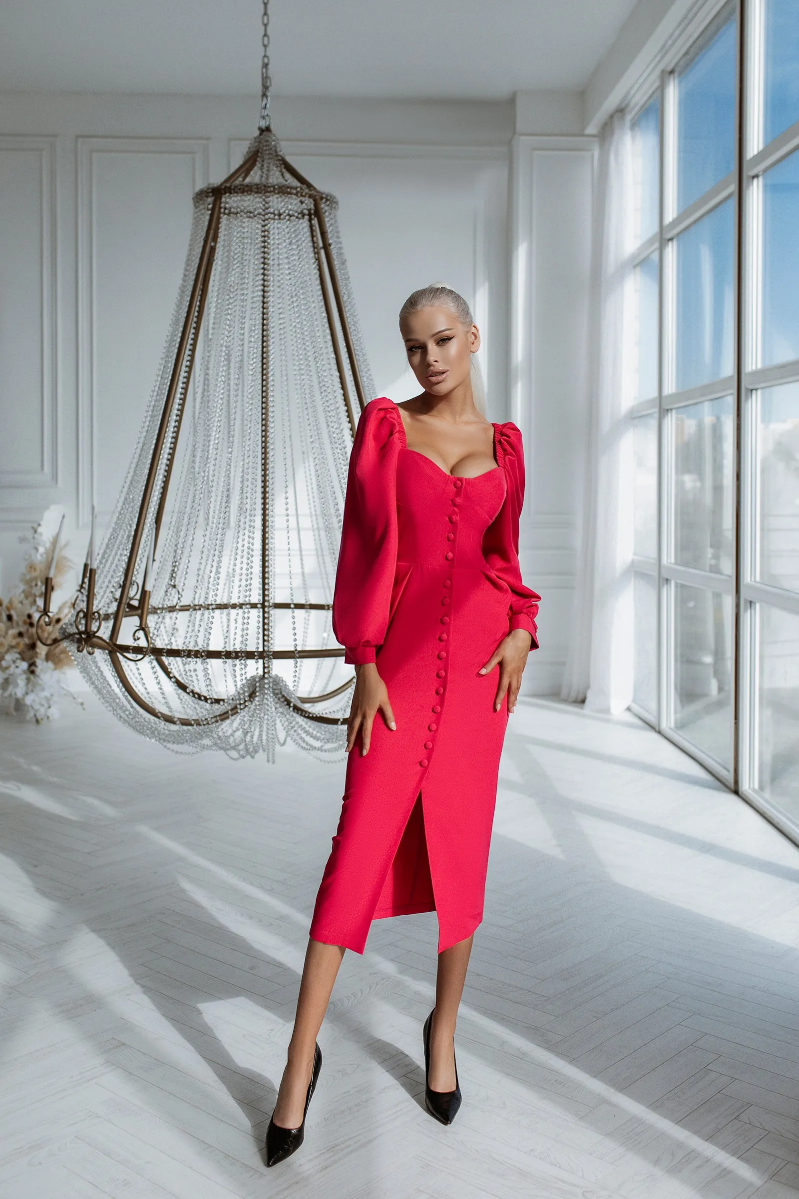 Crimson Sweetheart Puff-Sleeve Midi Dress