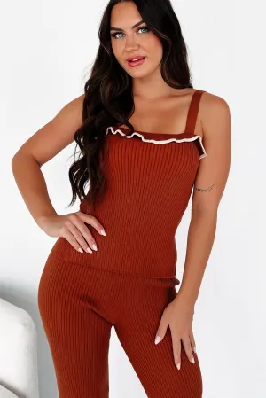 Durable Reinforced Shoulders Layered Shoulder Crisp Leaves Ribbed Knit Tank Top (Rust)