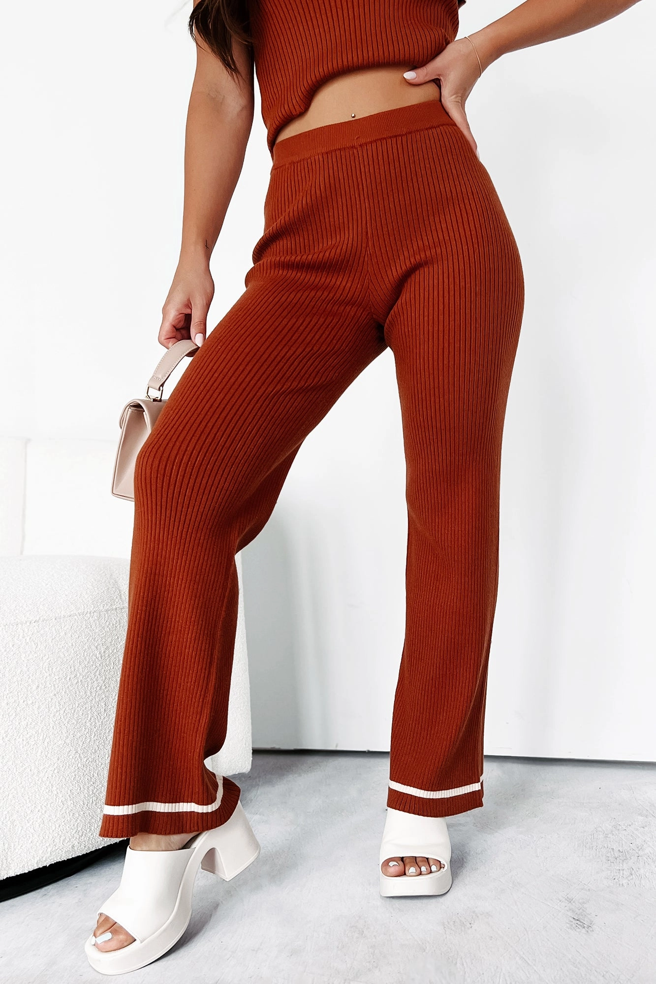Chill Comfort Fit Multi Panel Construction Crisp Leaves Ribbed Knit Straight Leg Pant (Rust)