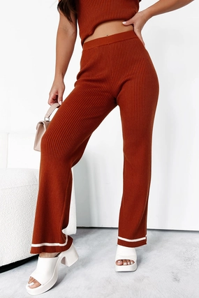 Chill Comfort Fit Multi Panel Construction Crisp Leaves Ribbed Knit Straight Leg Pant (Rust)