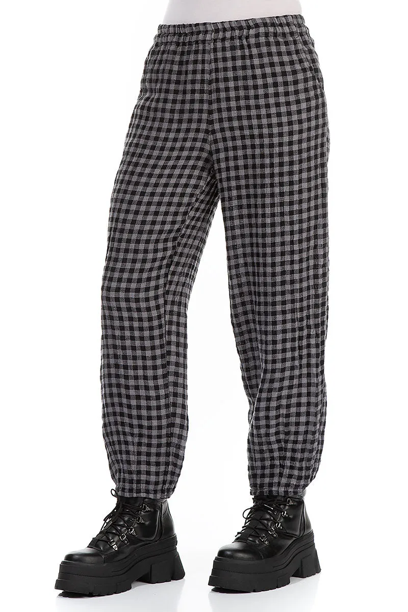 Cropped Grey Check Linen Pencil Trousers