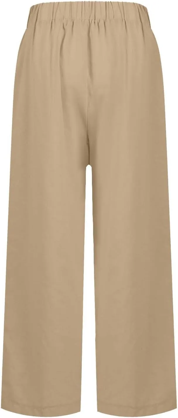 Cropped Linen Pants Women Petite Plus Size Wide Leg Crop Pants Elastic Waist Straight Leg Lightweight Summer Pants