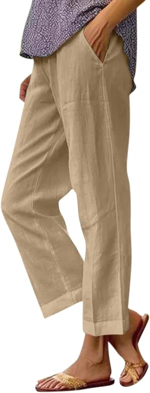 Cropped Linen Pants Women Petite Plus Size Wide Leg Crop Pants Elastic Waist Straight Leg Lightweight Summer Pants