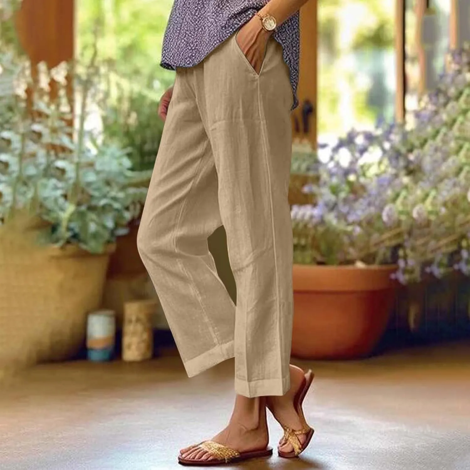 Cropped Linen Pants Women Petite Plus Size Wide Leg Crop Pants Elastic Waist Straight Leg Lightweight Summer Pants