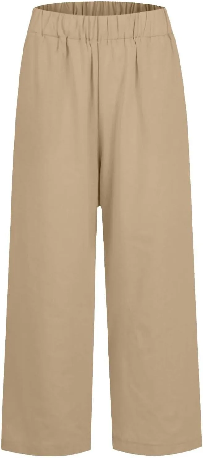 Cropped Linen Pants Women Petite Plus Size Wide Leg Crop Pants Elastic Waist Straight Leg Lightweight Summer Pants