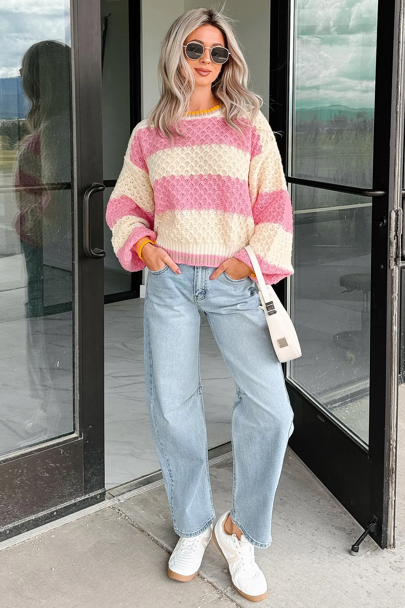 Warm Whispers Striped Crochet Knit POL Sweater (Pink) CompressionFit Reinforced Shoulder Panels