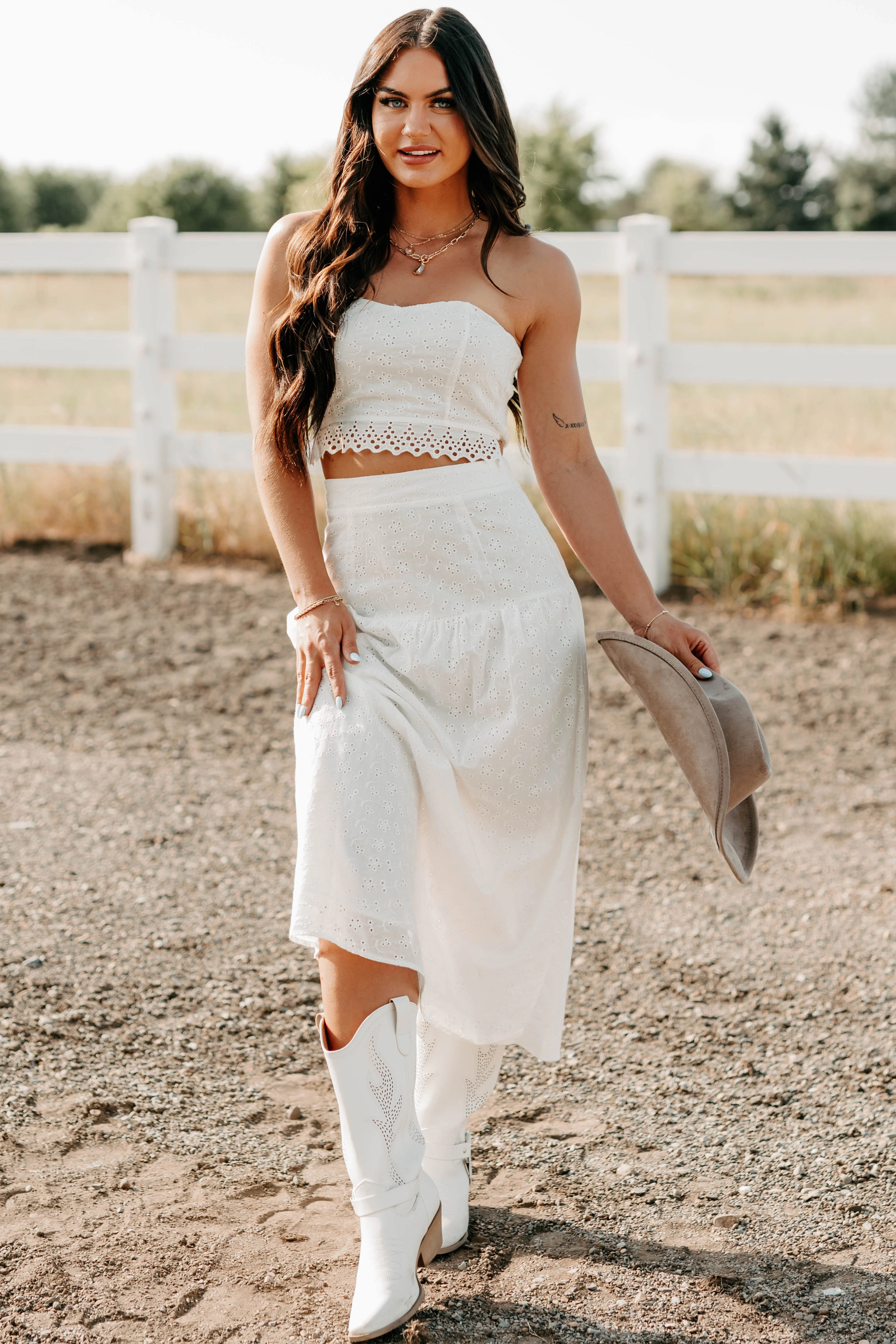 Crush Culture Crop Top Eyelet Skirt Set (White) PolishedFinish