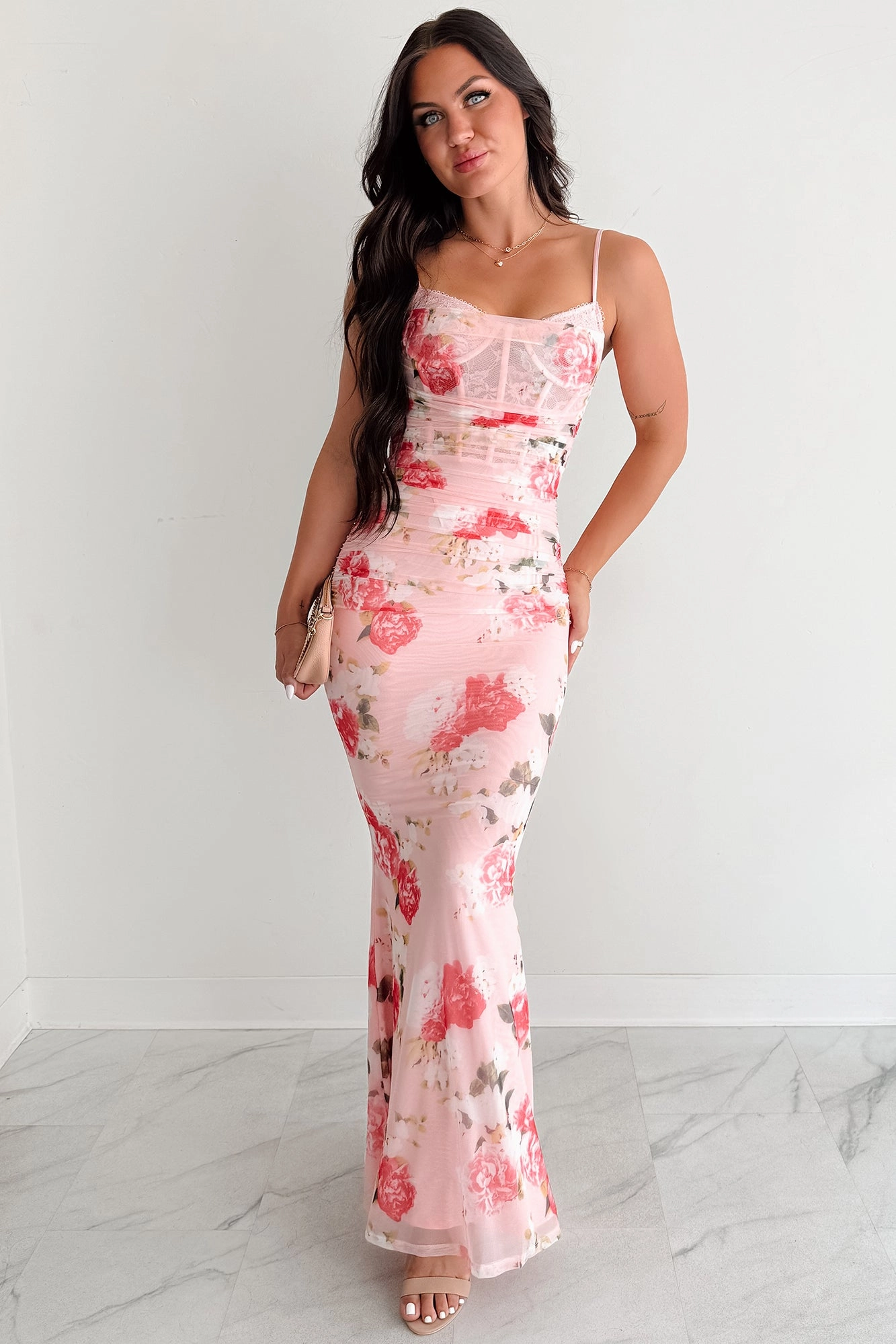 Upgrade-Option Daydream With You Floral Mesh Corset Maxi Dress (Pink)