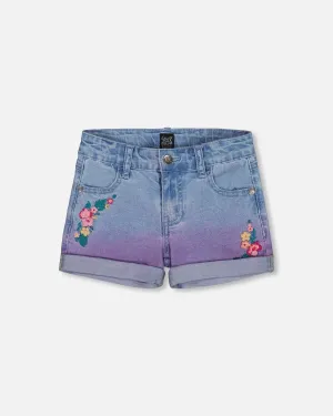 Cuffed Denim Shorts With Embroidery Floral Jeans Blue