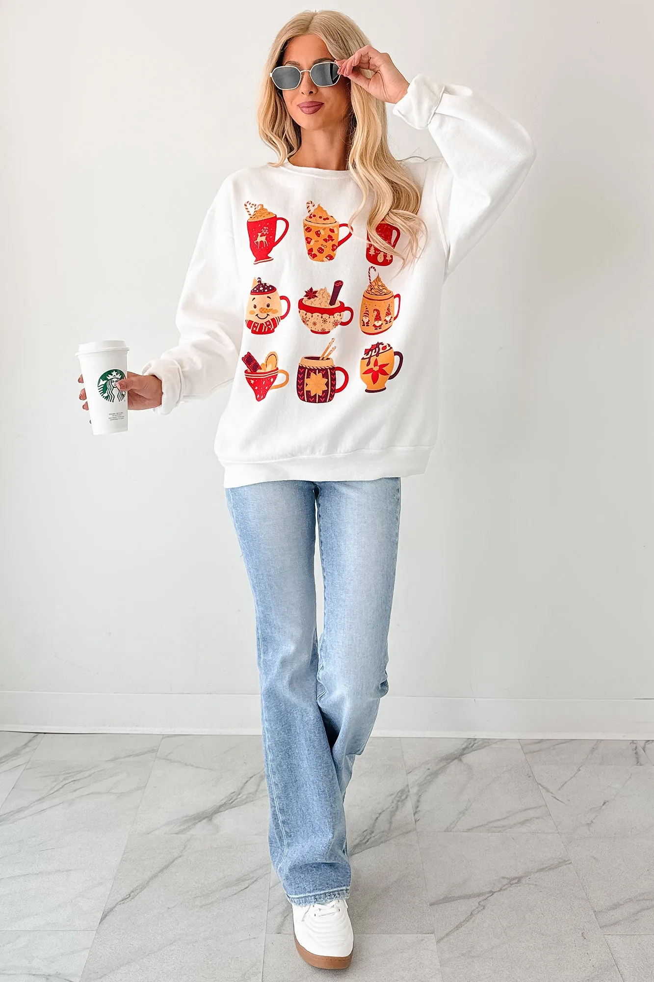 Cup Of Happiness Holiday Graphic Sweatshirt (Cream) Hygroscopic Inner Layer LowImpact Dye Process