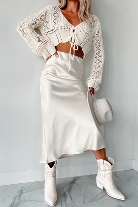 Edgy Look Posh Direction Satin Midi Skirt (Cream)