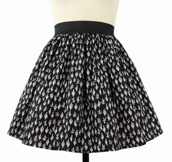 Cute Cacti A-line Pleated Skirt In Black Smooth Feel