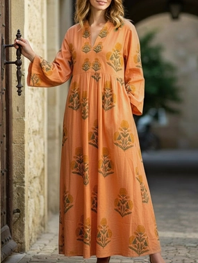 V-neck floral print three-quarter sleeve dress Quick Elegance Elastic-Waist