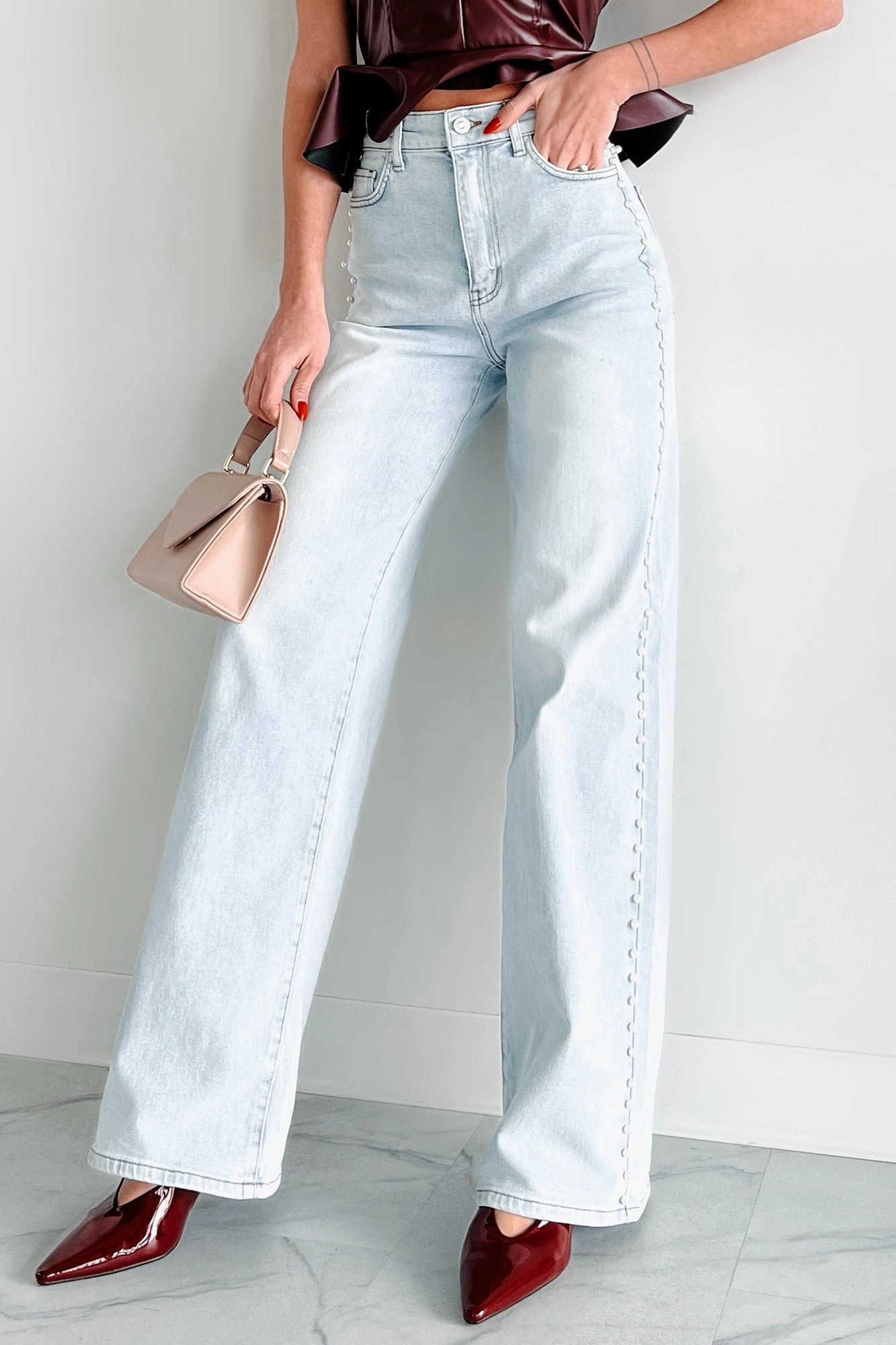 Cynthia High Rise Pearl Detail Vibrant Wide Leg Jeans (Light Stone) Active Design