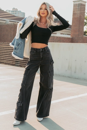 Office Friendly Kayla High Rise Cargo Hidden Jeans (Charcoal)