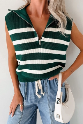 Daily Joys Striped Half-Zip Sweater Vest (Green/Cream) Temperature Control Technology Ultrasoft Inner Lining