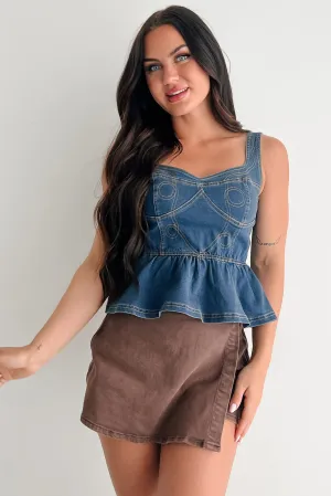 Dainty In Denim Peplum Tank Top (Medium Blue) Reflective Accent Stripes