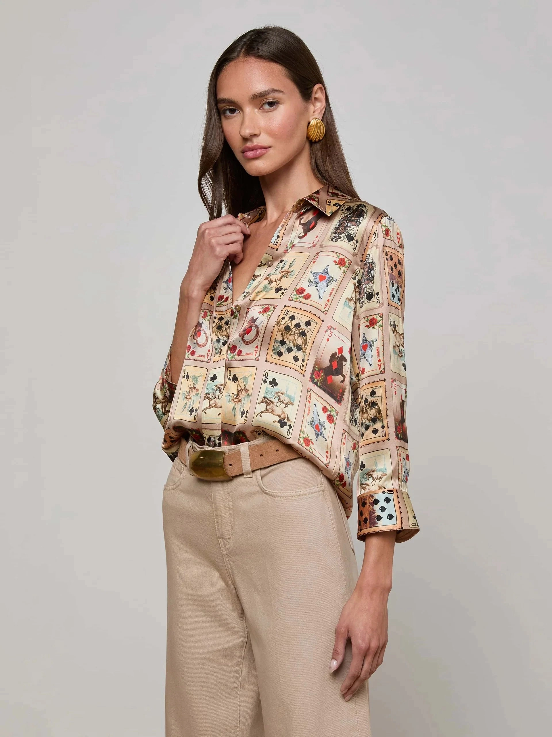 MultiPanelConstruction Dani Silk Blouse Tan Multi Western Cards