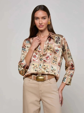 Dani Silk Blouse Tan Multi Western Cards Anti Pill Finish