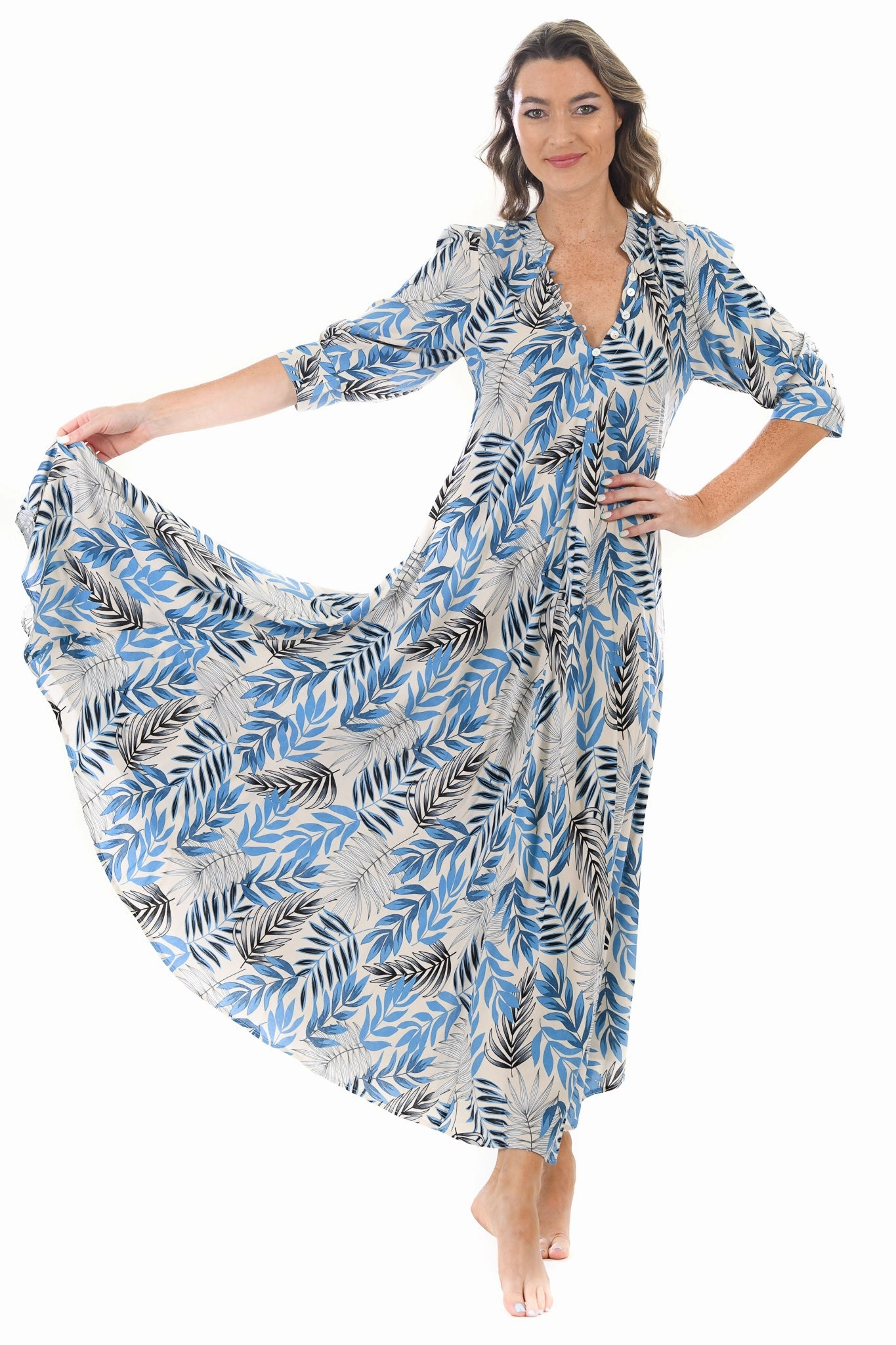 Daphne Dress / Black and Palm Print Petite friendly Walkable Flow