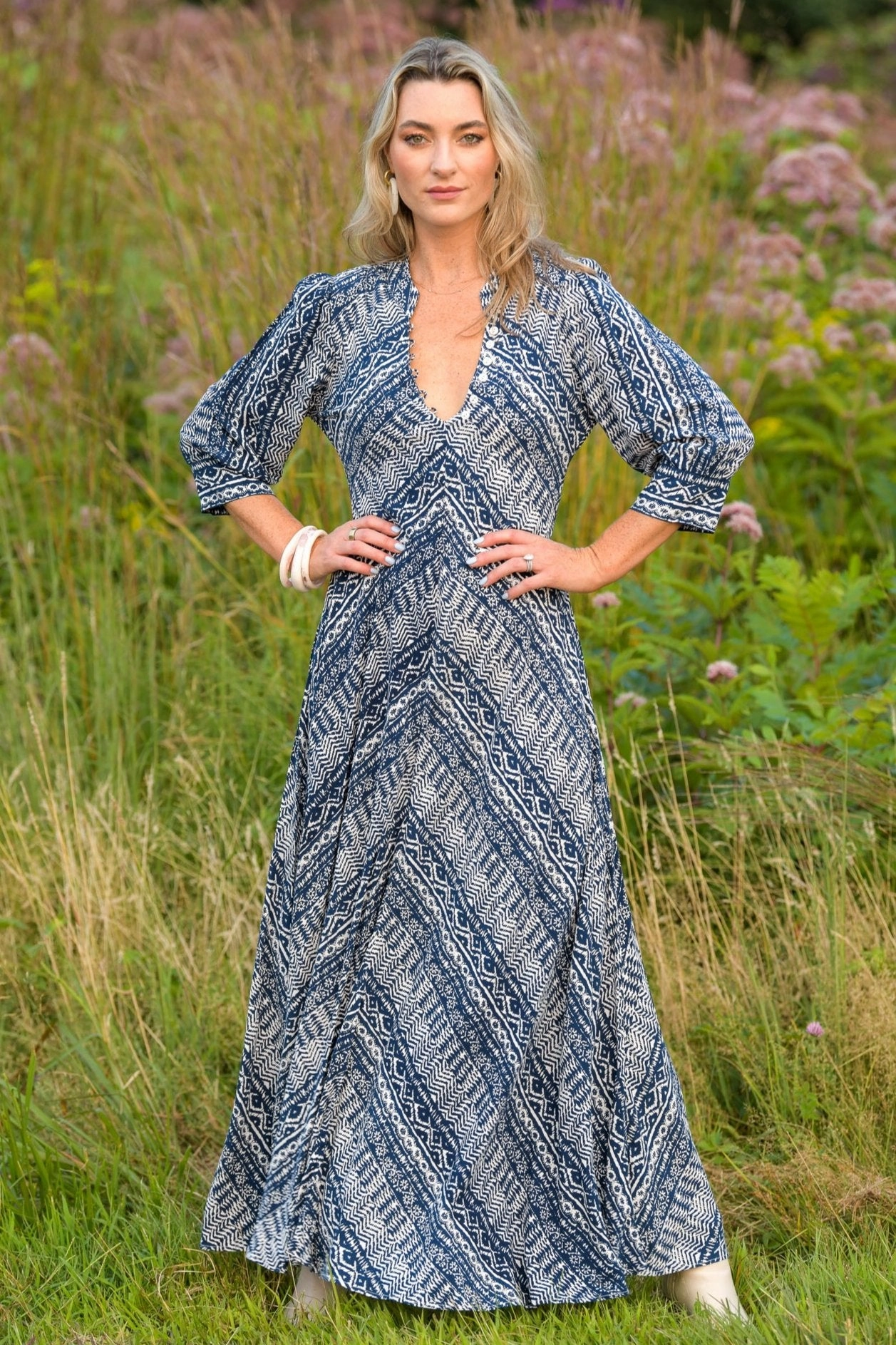 Daphne Dress / Indigo Aztec Contrasting Detail Cozy Energy