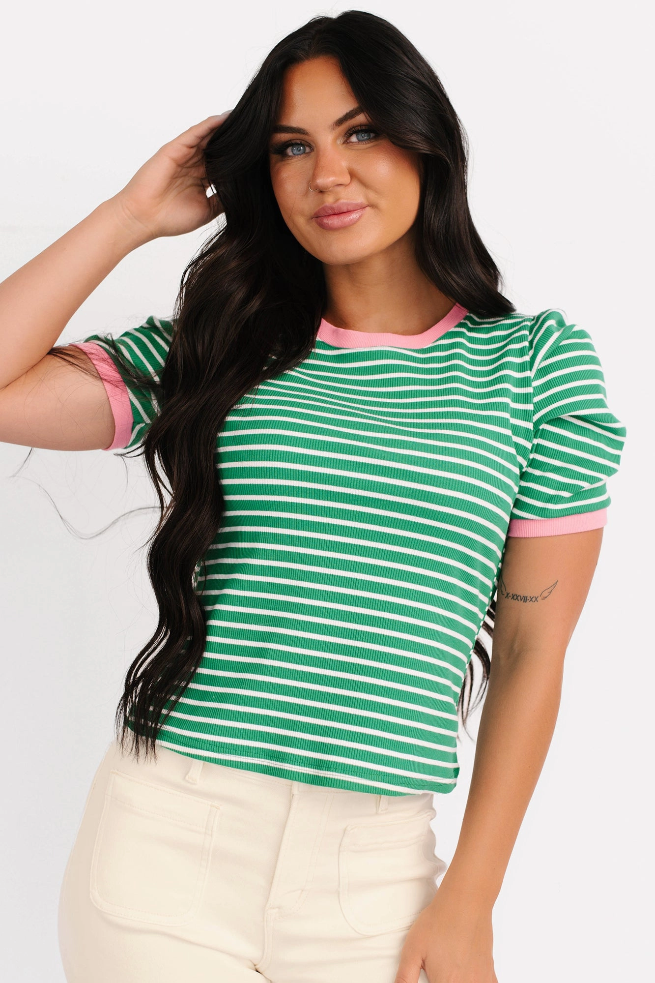 Daring Heart Striped Pleated Sleeve Top (Green/Pink) Ribbed Trim Details