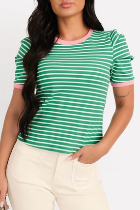 Daring Heart Striped Pleated Sleeve Top (Green/Pink) Chic Tee