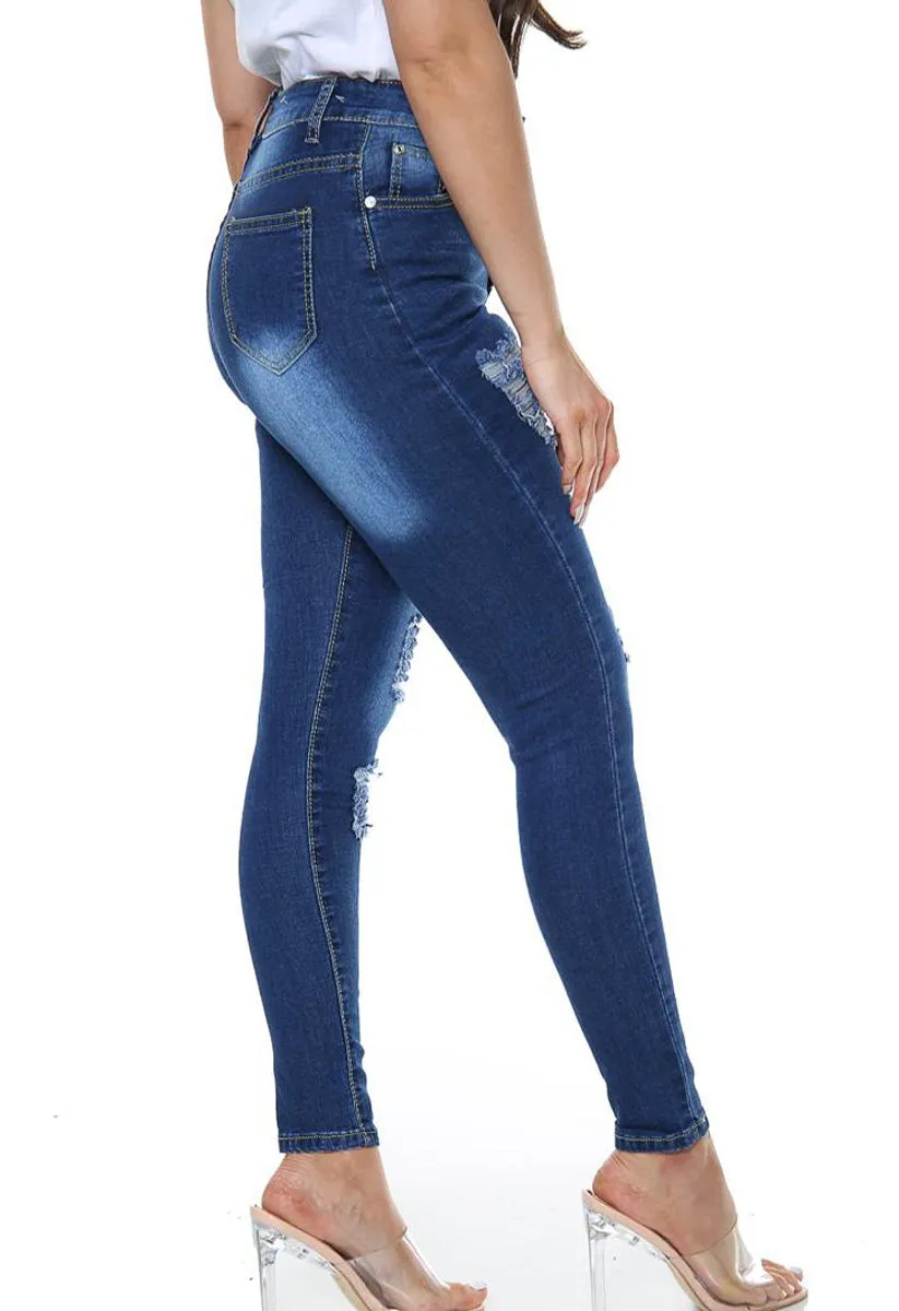 Dark Blue Denim Faded Distressed Ripped Jeans