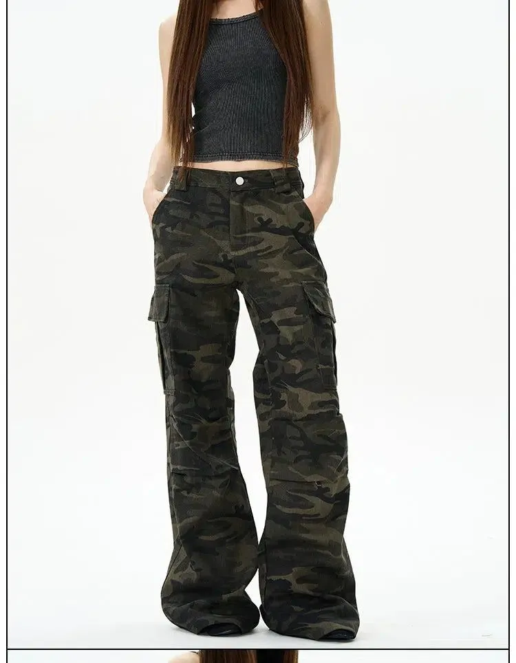 Dark Camouflage Flared Cargo Pants