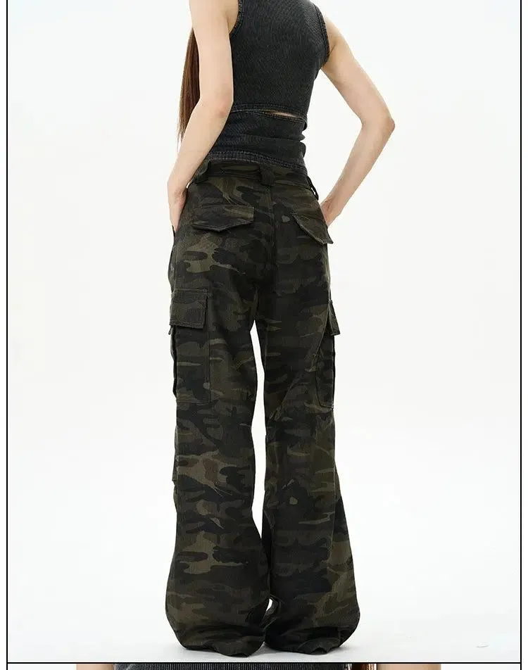 Dark Camouflage Flared Cargo Pants
