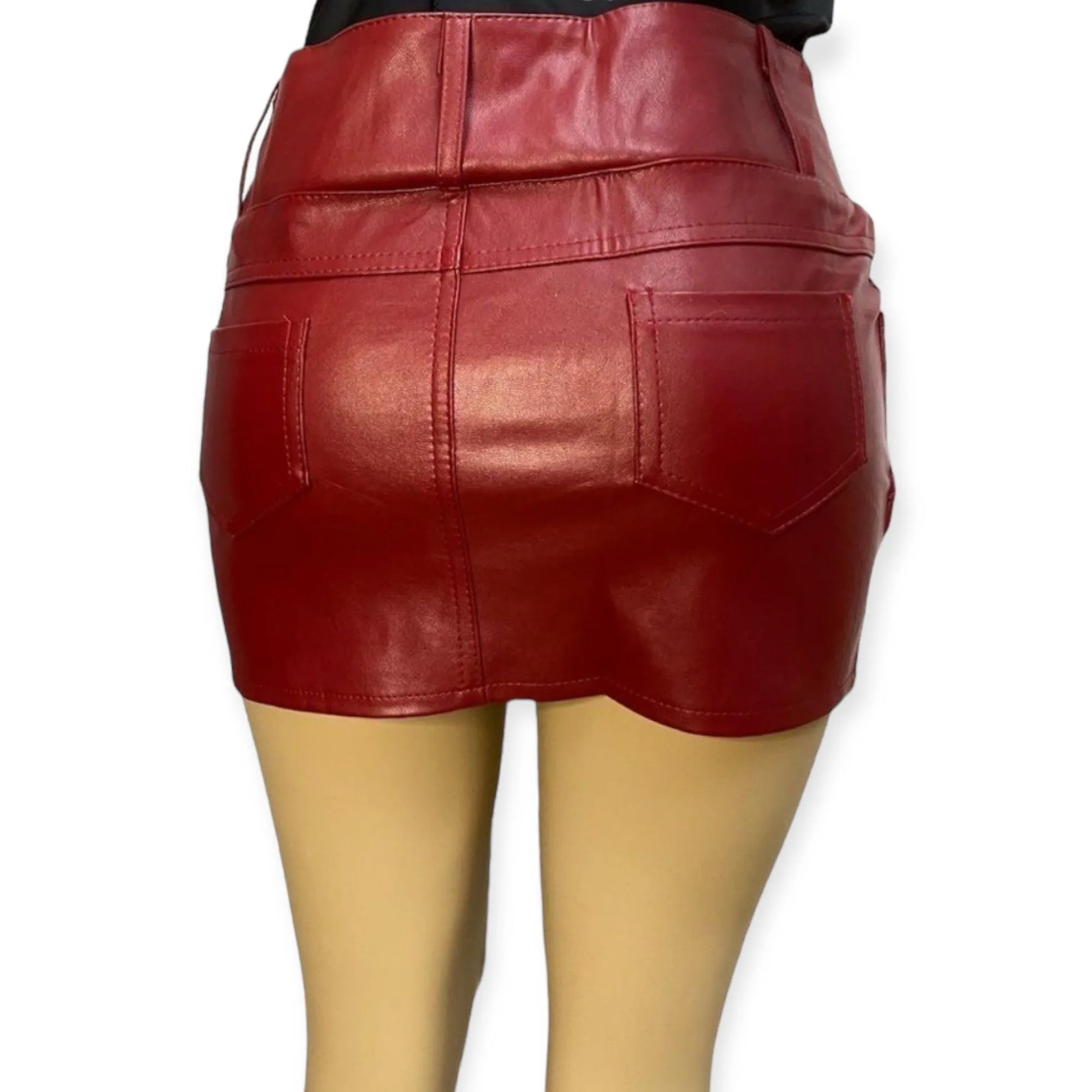 Dark Red Faux Leather Low Profile Micro Skirt