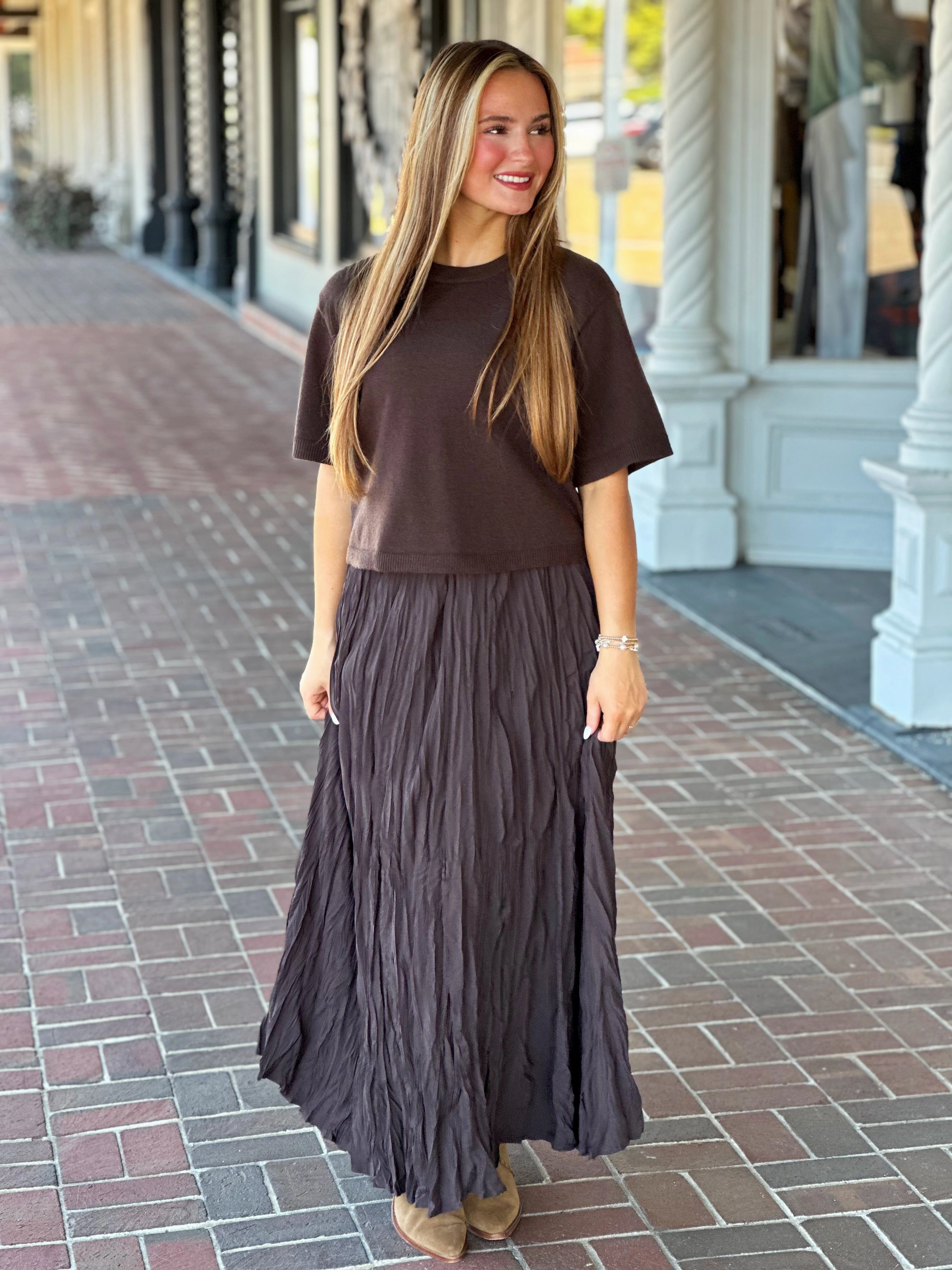 Key Feature Dark Brown Elegant Crinkled Maxi Skirt