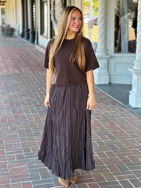 Key Feature Dark Brown Elegant Crinkled Maxi Skirt