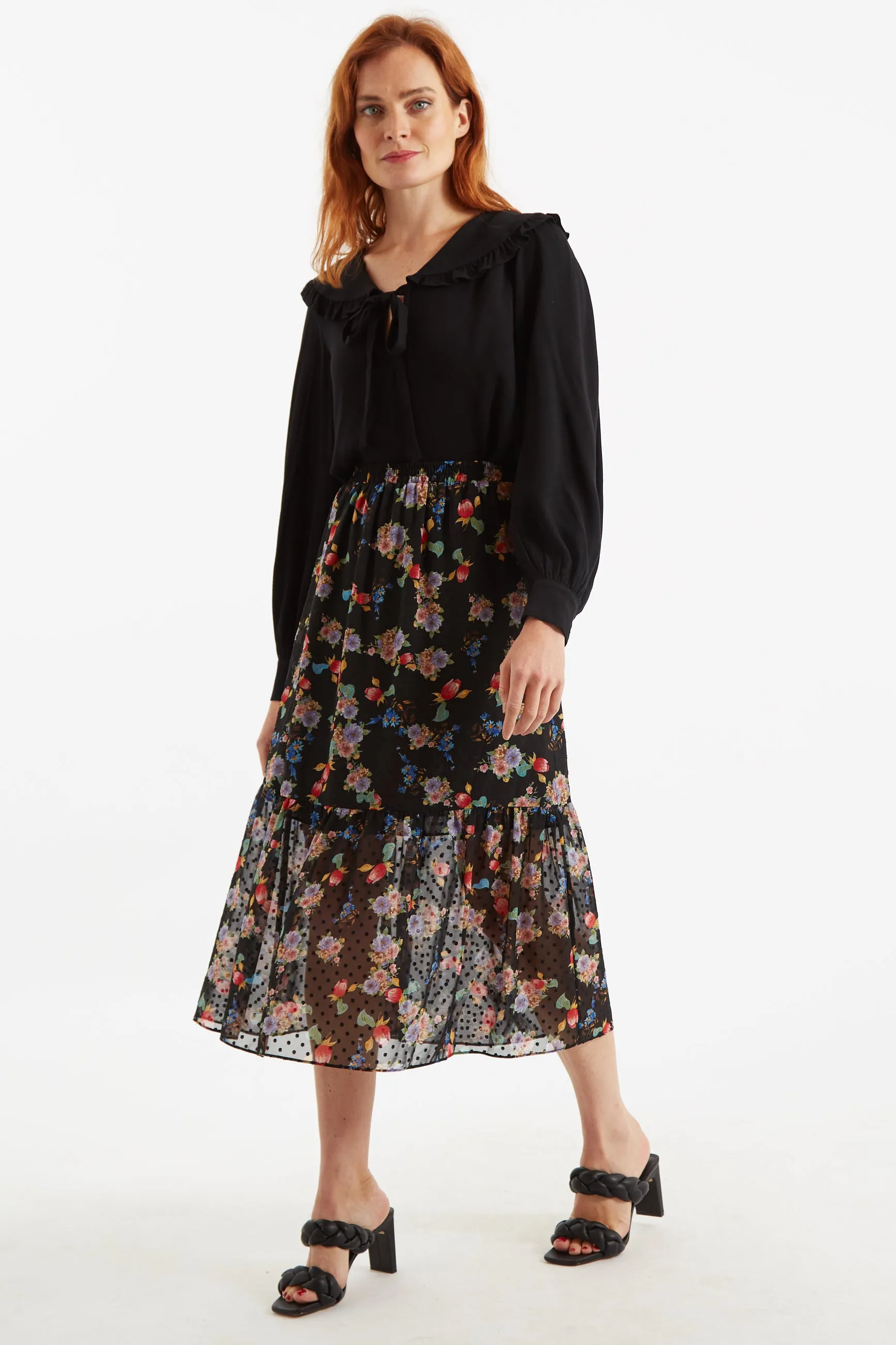 Dasha Carpathian Florals Print Tiered Midi Skirt