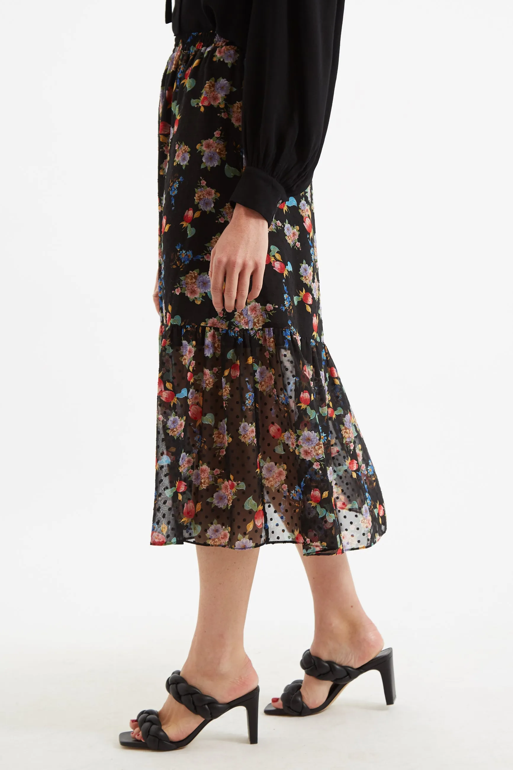Dasha Carpathian Florals Print Tiered Midi Skirt