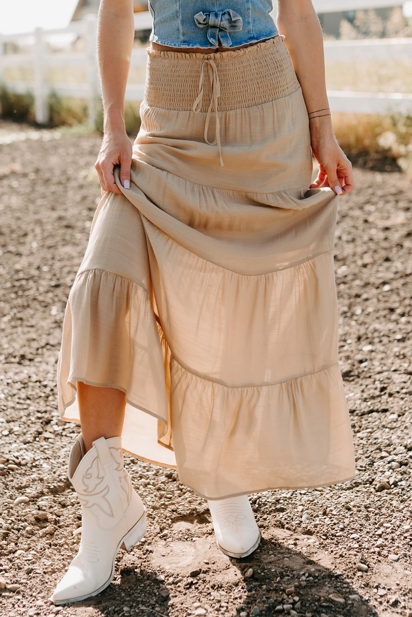 Abrasion Resistant Panels Freedom Fit Ocean Serenade Tiered Maxi Skirt (Khaki)