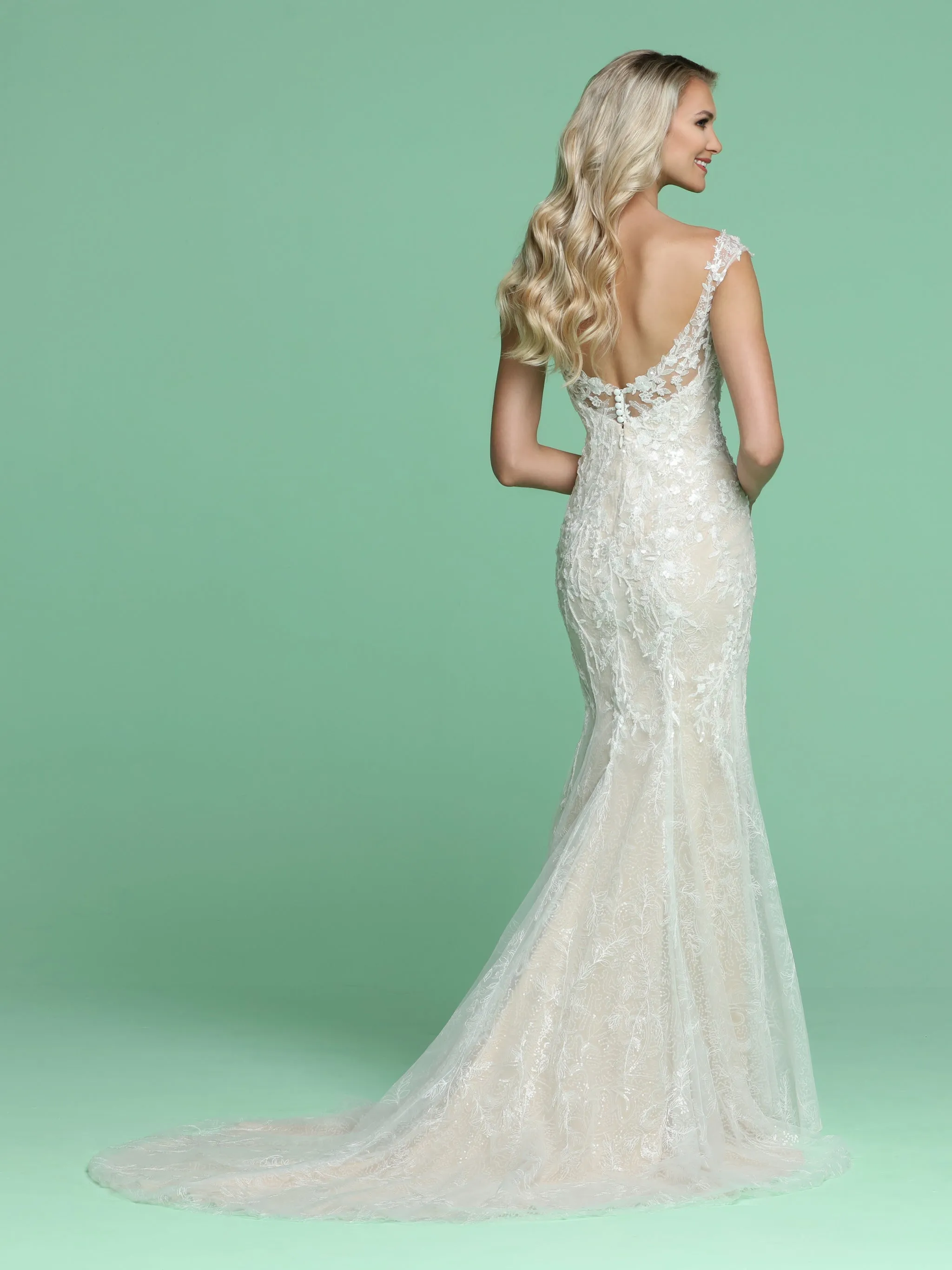 Davinci Bridal 50602 Size 6 Mermaid Floral Lace Wedding Dress Sheer Button Sequin