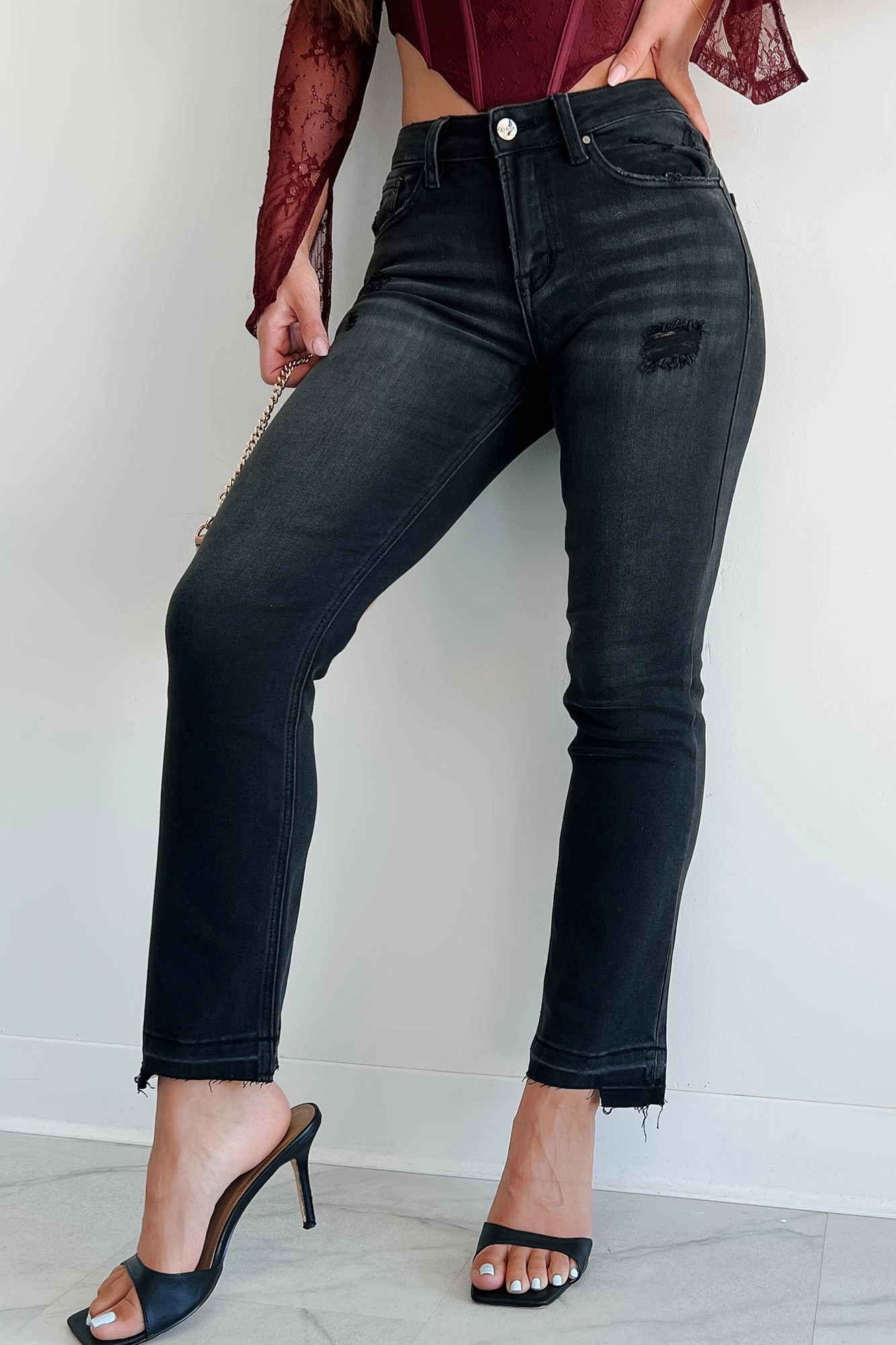 Dawes Mid Rise Uneven Hem Risen Straight Leg Jeans (Black) Casual Layer Anti Bacterial Treatment