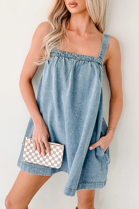 Day By Day Sleeveless Babydoll Mini Dress (Denim) Effortless Fit Design Bold Touch