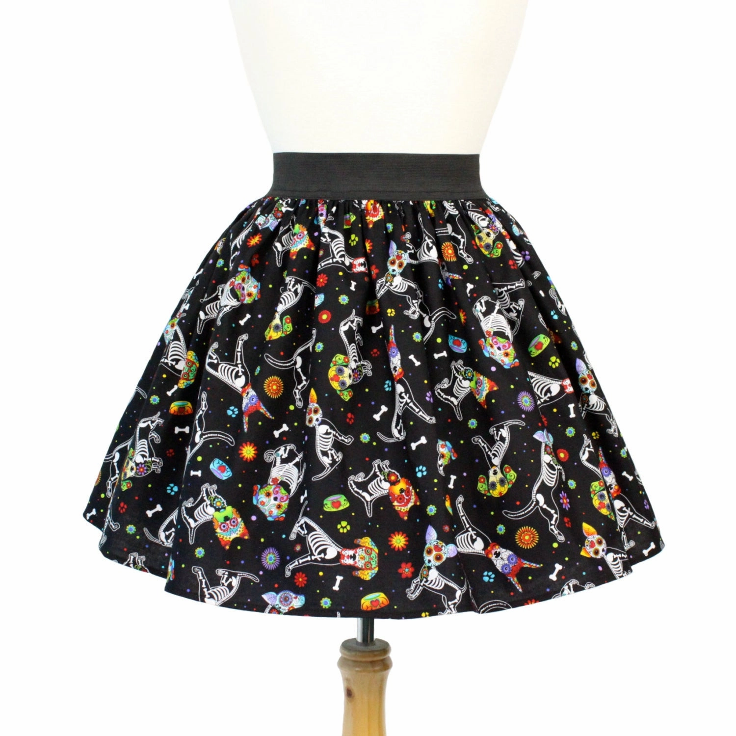 Day of the Dead Dog Pleated Skirt #PS-D331 High Density Weave Artistic Influence